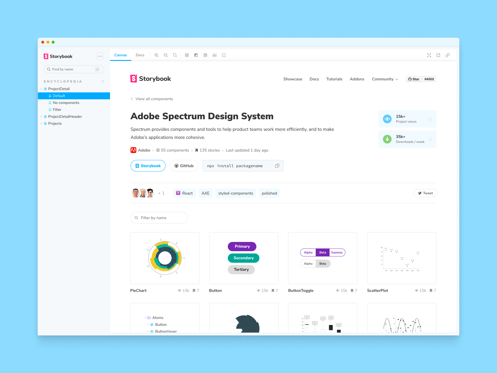 The Project Detail page for Adobe Spectrum Design System, in its ideal state, rendered as a story in Storybook