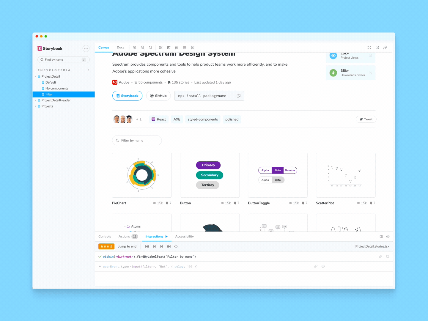 An animation of a story demonstrating the "components filter" functionality