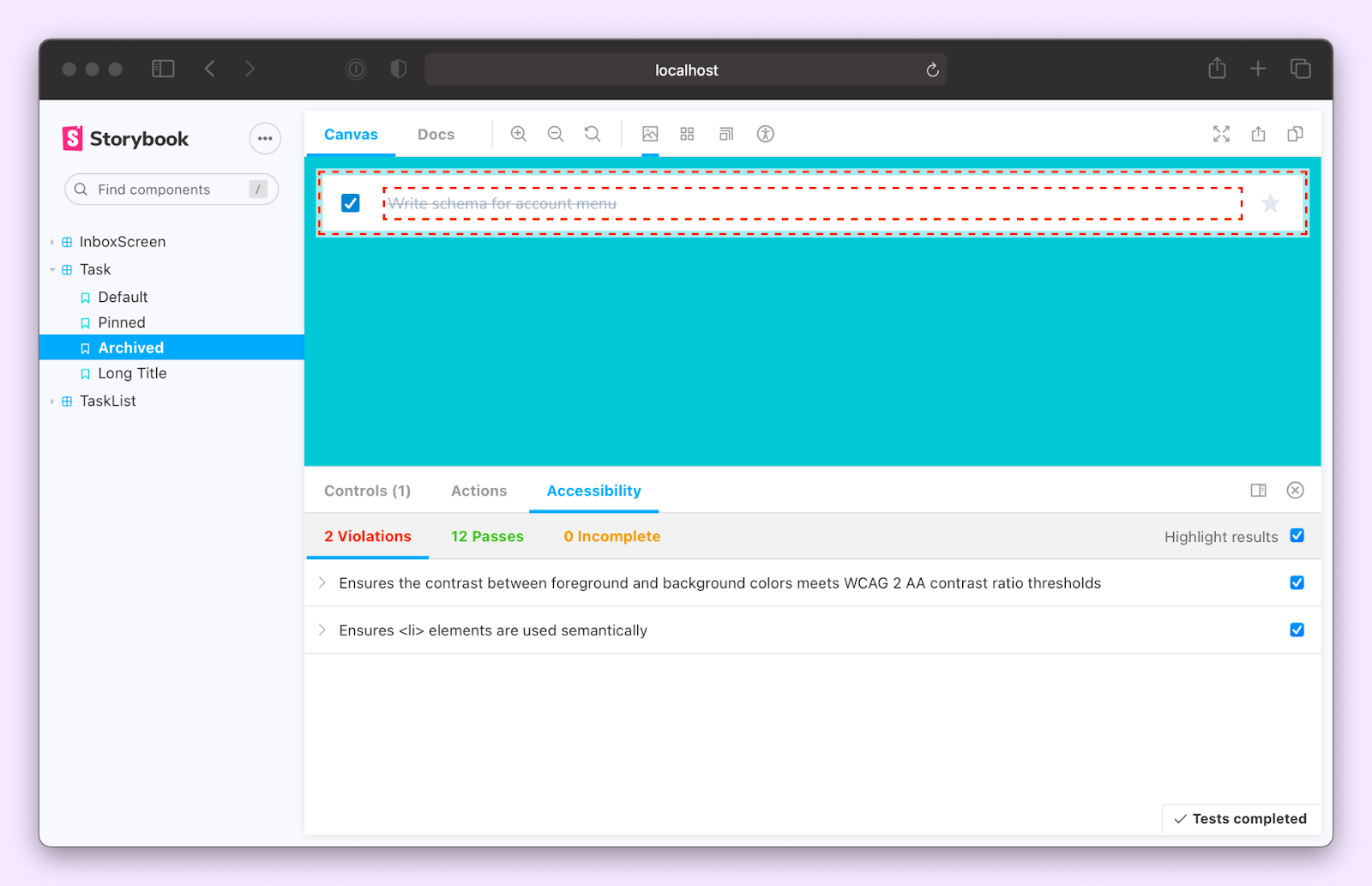 Storybook highlights the offending DOM nodes and gives you an audit report