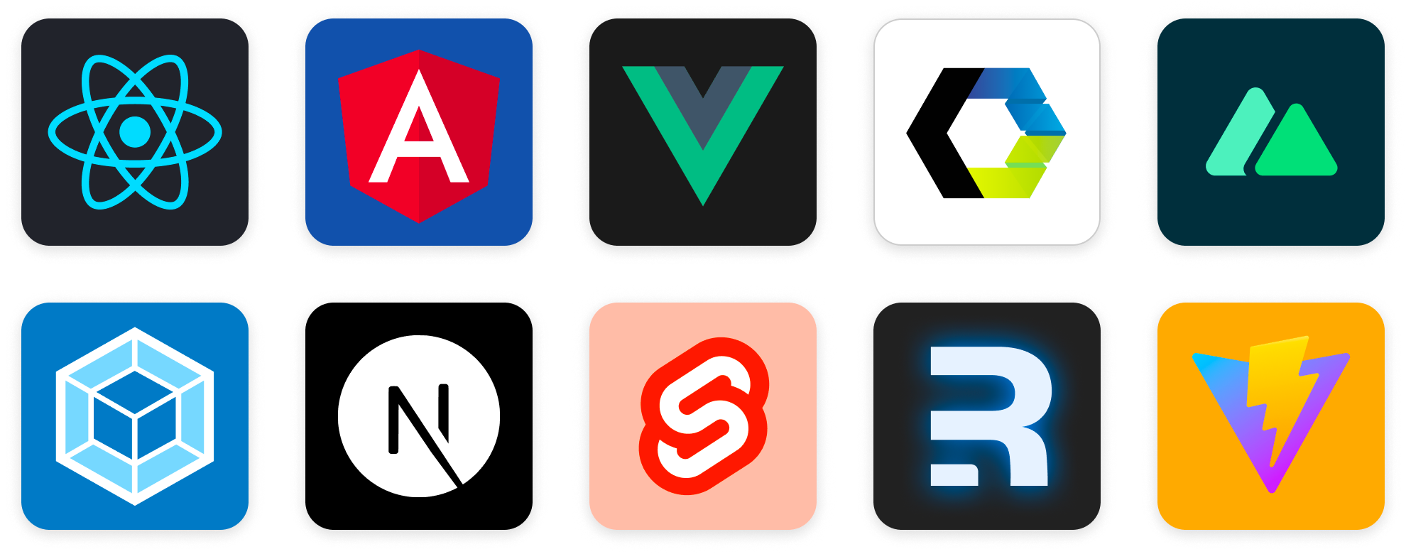 React, Angular, Vue, Web Components, Nuxt, Webpack, NextJS, SvelteKit, Remix, Vite