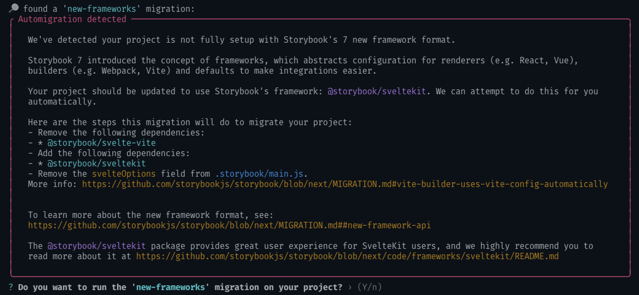 Screenshot of terminal output showing the details of the `new-frameworks` auto-migration