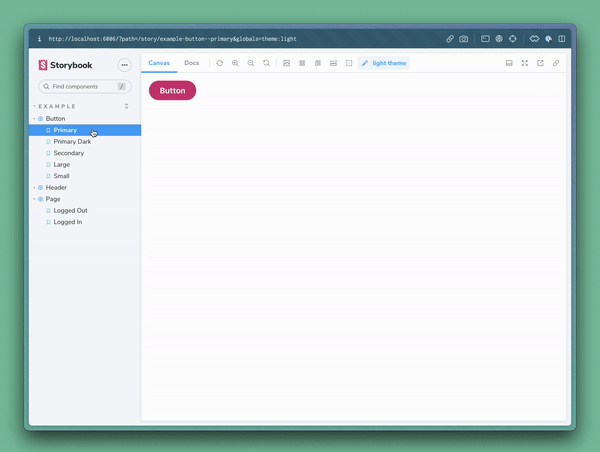 Switching to the "Primary Dark" story for the story component overrides the theme to dark