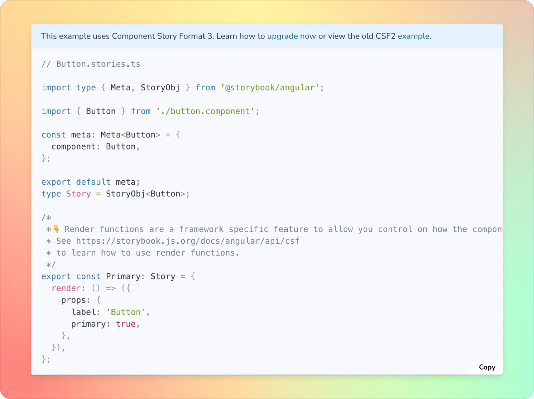 A Web components code snippet, showing the "view the old CSF 2 example" banner