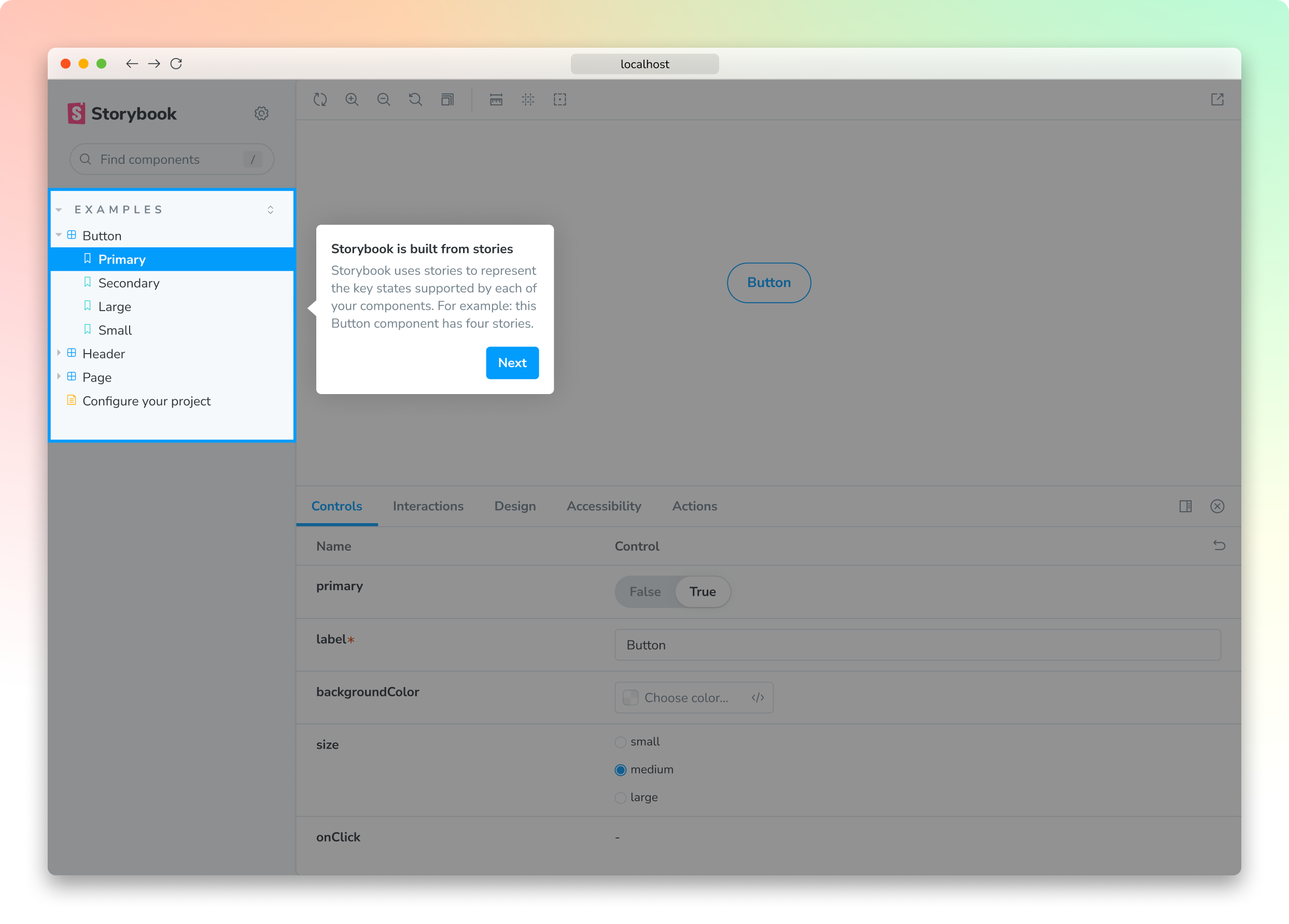 The Storybook sidebar, explained in our new guided tour. The caption reads: 'Storybook is built from stories. Storybook uses stories to represent the key states supported by each of your components. For example: this Button component has four stories.'