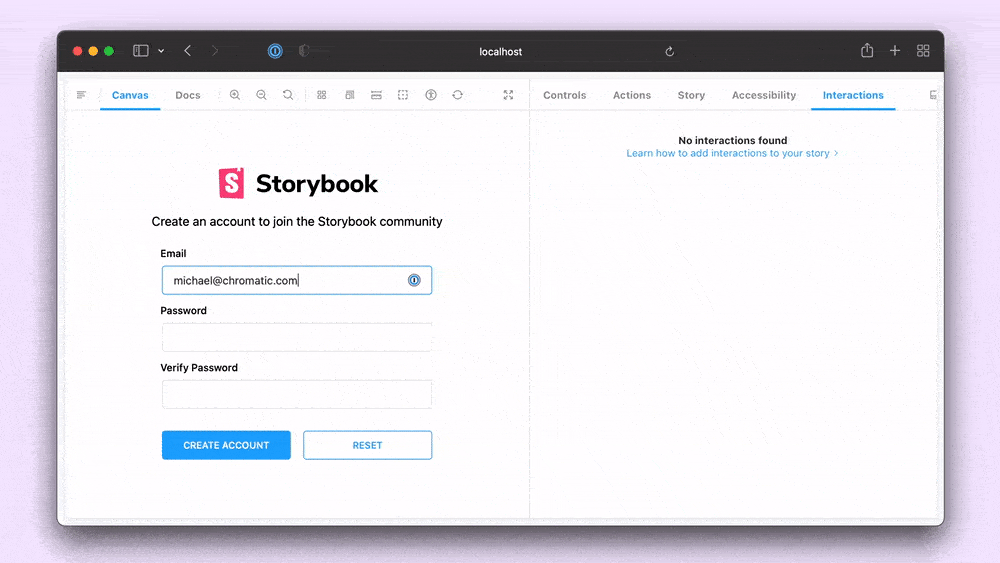 A visualization of testing a form in Storybook, using storybook/test