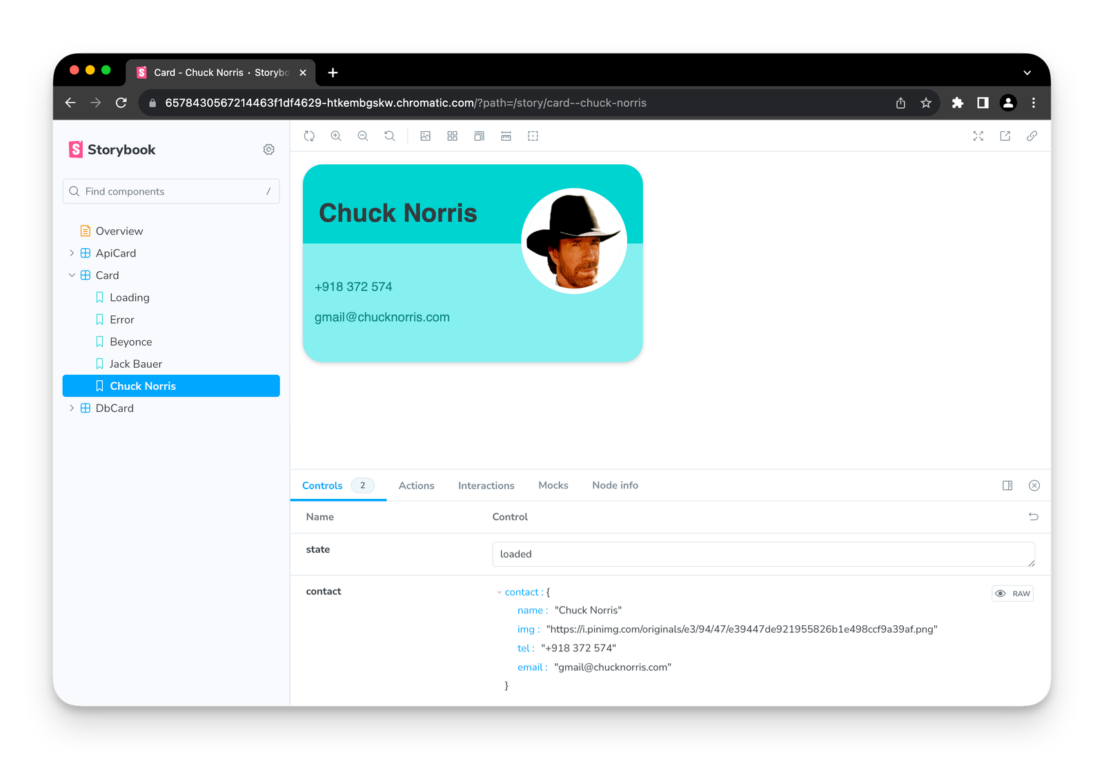 A Storybook story showing a contact card for Chuck Norris