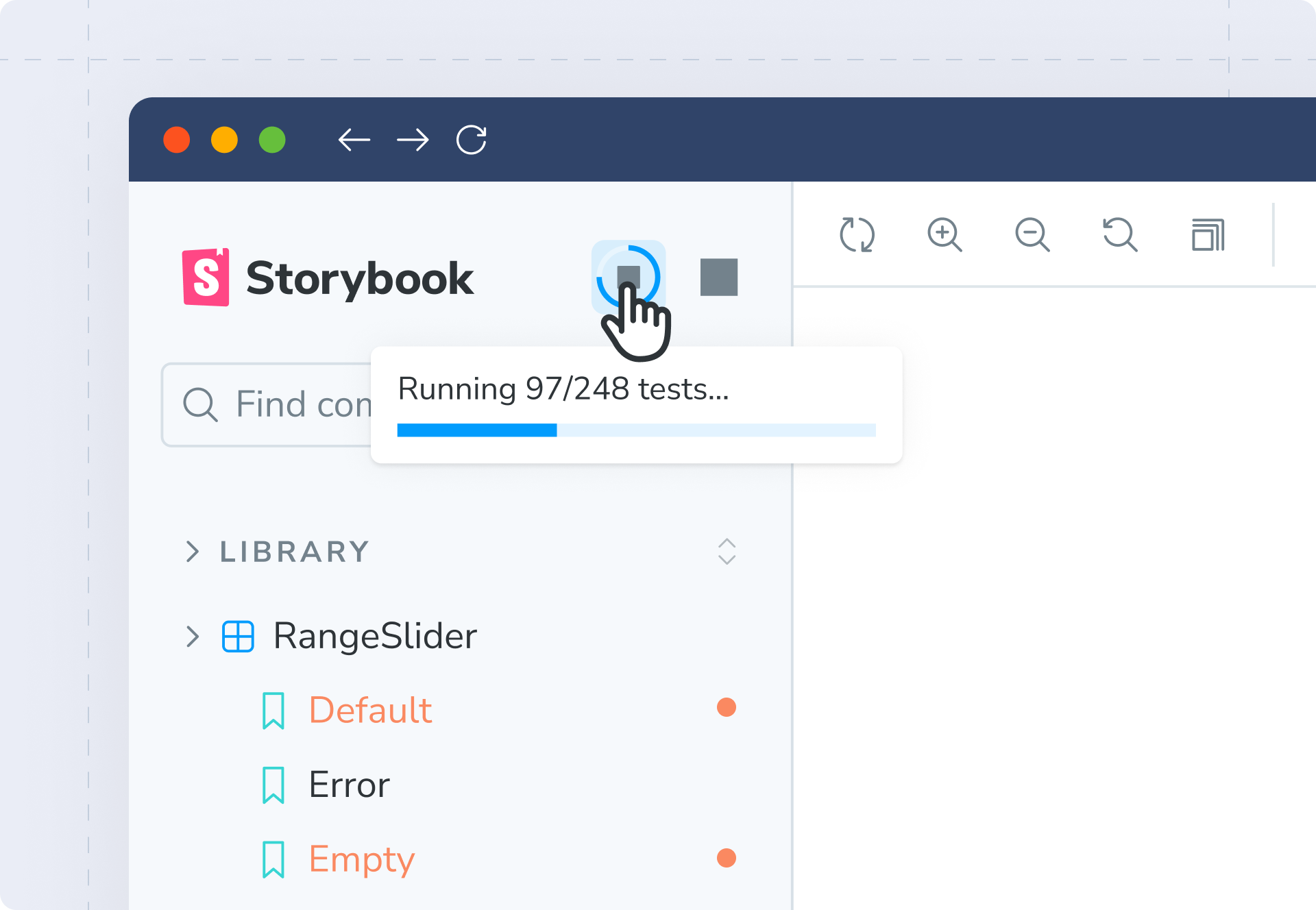 Screenshot of a Storybook showing running visual tests and the highlighted test failures in the sidebar