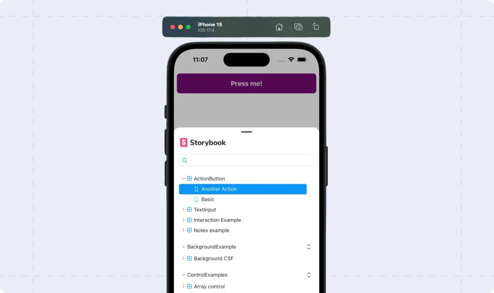 Screenshot of Storybook running in an iOS simulator