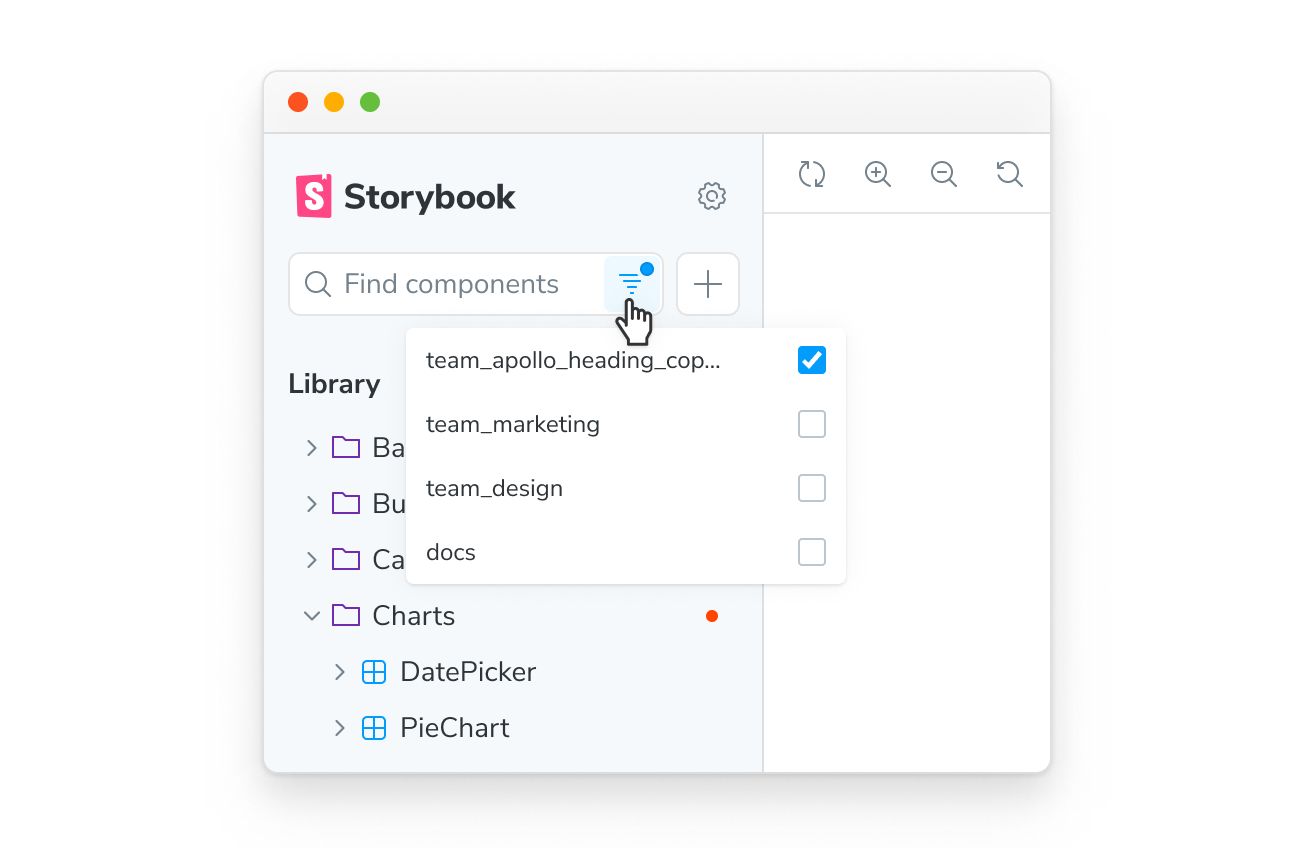 Storybook's filtering mechanism, showing the sidebar filtered to only show one tag