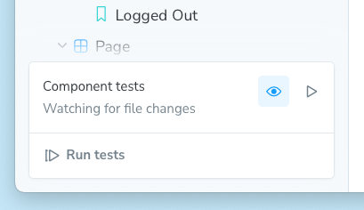 Storybook Test module, with match mode activated. The item for Component tests says "Watching for file changes"