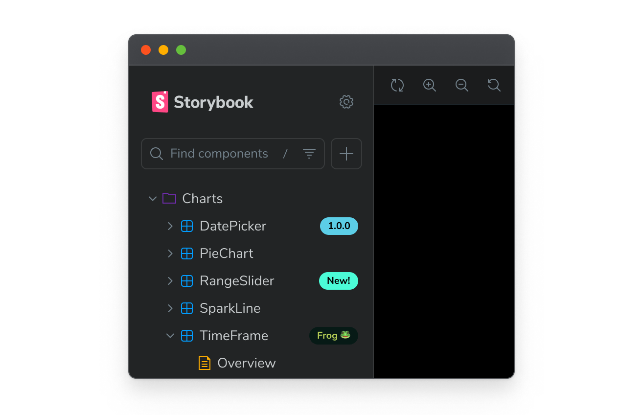 Storybook showing tag badges in the sidebar