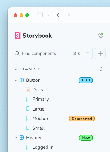 Storybook's sidebar with multiple badges applied to stories and components