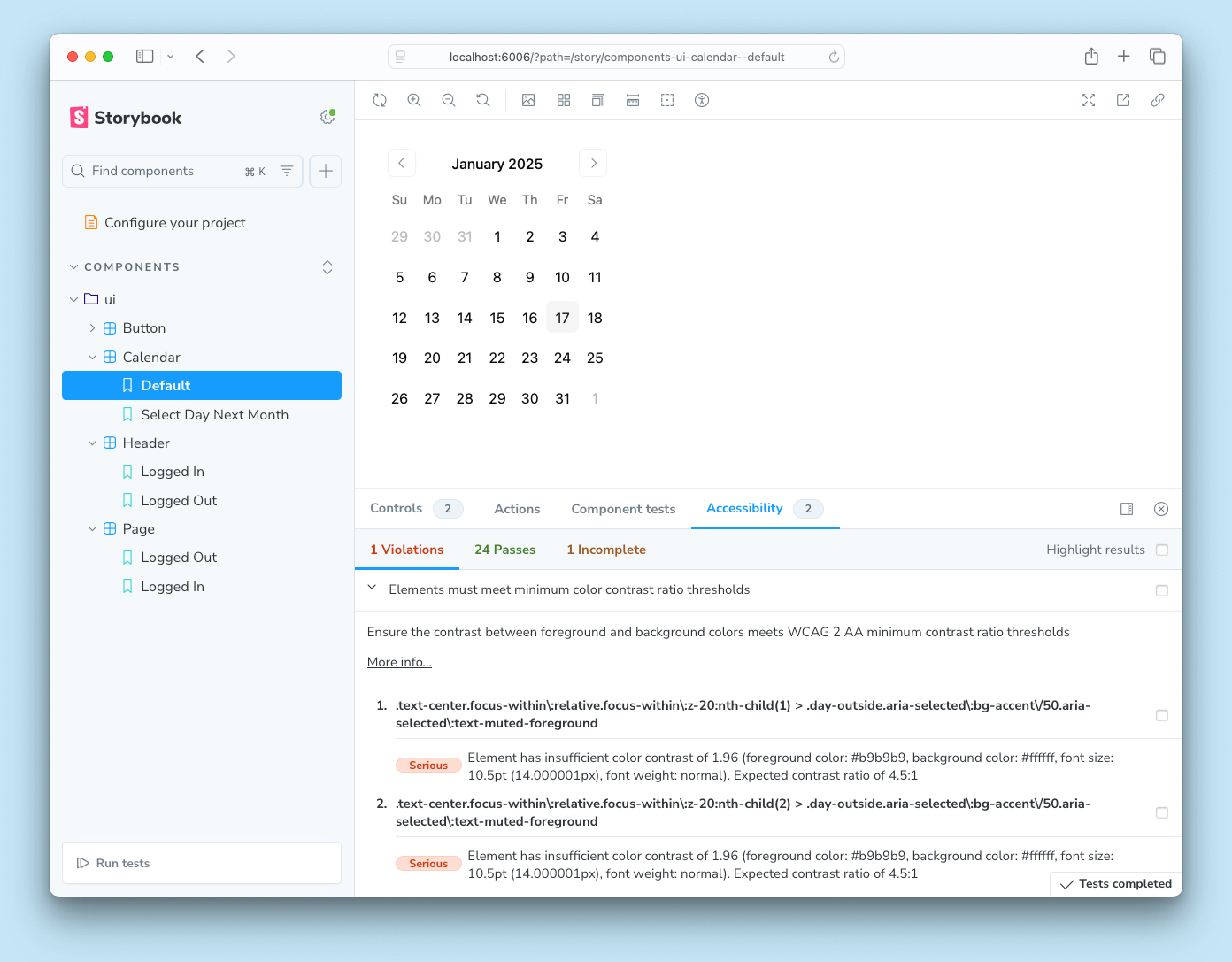 Storybook open to a story showing accessibility violations in the addon panel