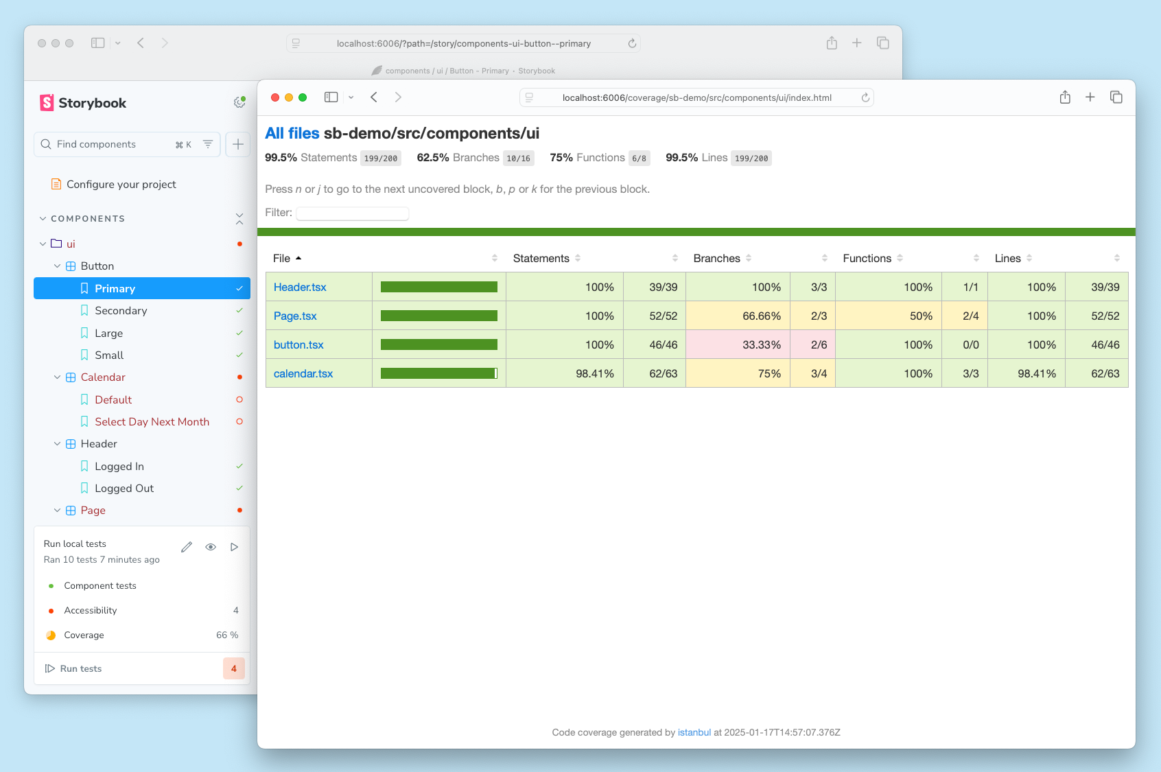 Two browser windows. The first shows Storybook's sidebar, including a line that says "Coverage 66%". The second shows an HTML coverage report.