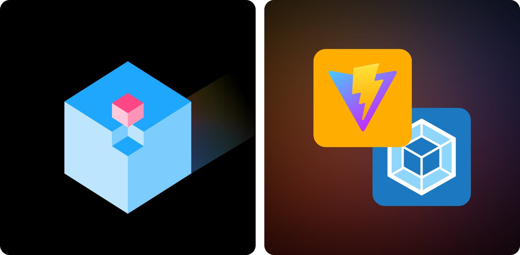 Vite and Webpack logos, with an illustration of a smaller cube slotting into a larger one.