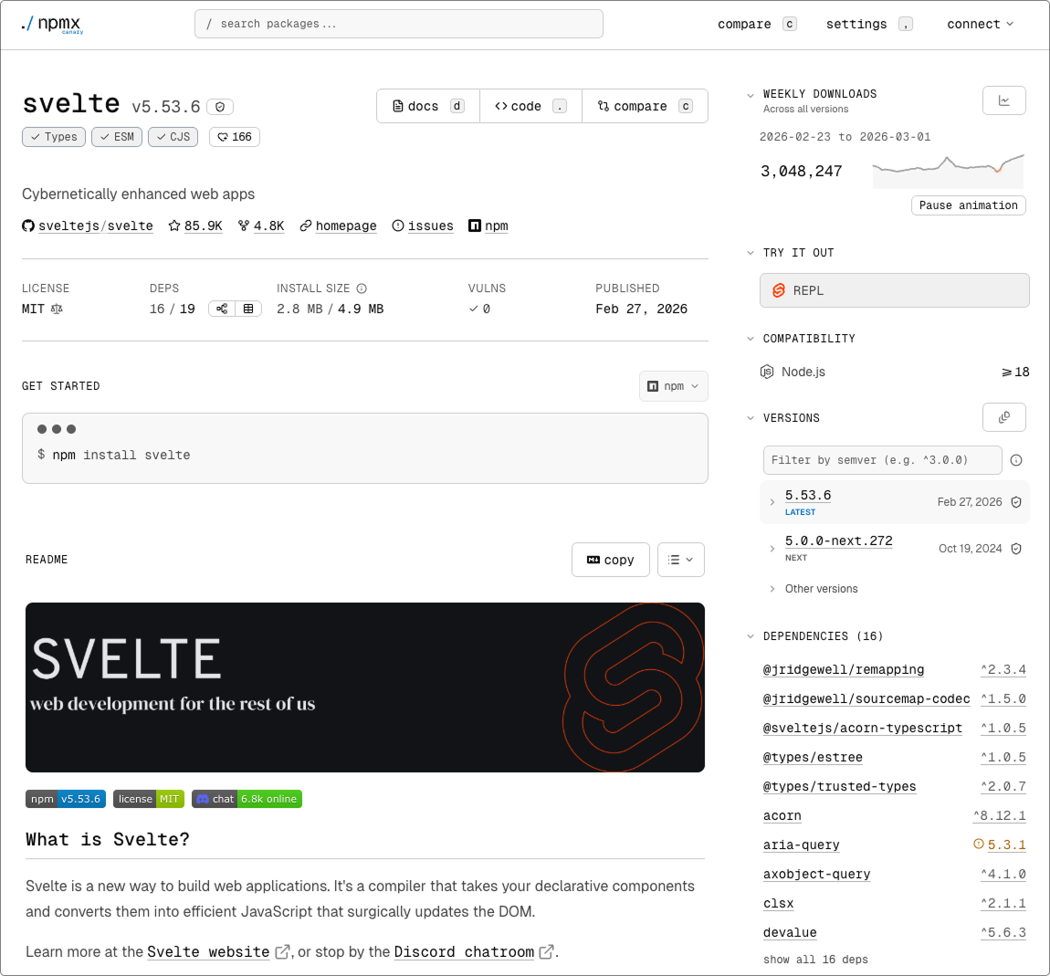 npmx svelte package page.